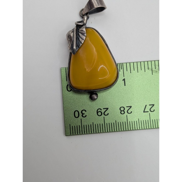 Art Nouveau Sterling Silver Butterscotch Egg Yolk Amber Pendant Leaf Pear Shaped - Picture 10 of 13